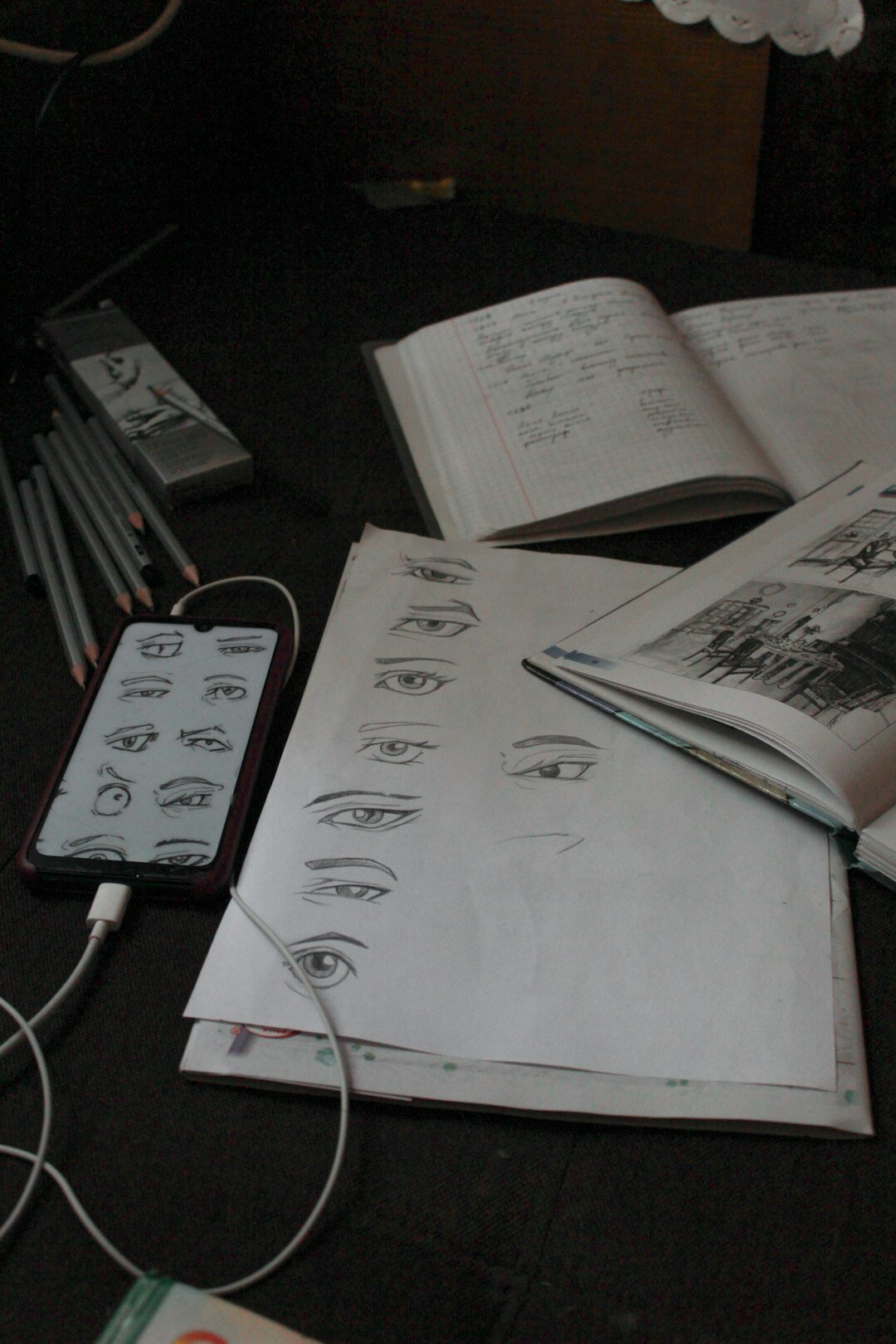 storyboard sketches on table