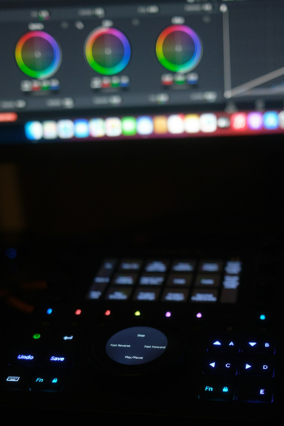 Colour grading control surface with trackballs and dials